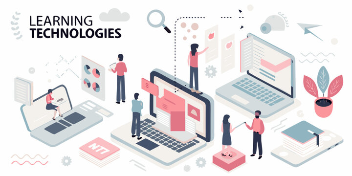 Learning technologies isometric scene with laptops people and charts in a pastel color palette