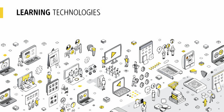 Learning technologies isometric scene with computers books and people detailed vector illustration education