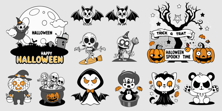 Collection Of Retro Halloween Cartoon Characters In Black And White Line Art Style