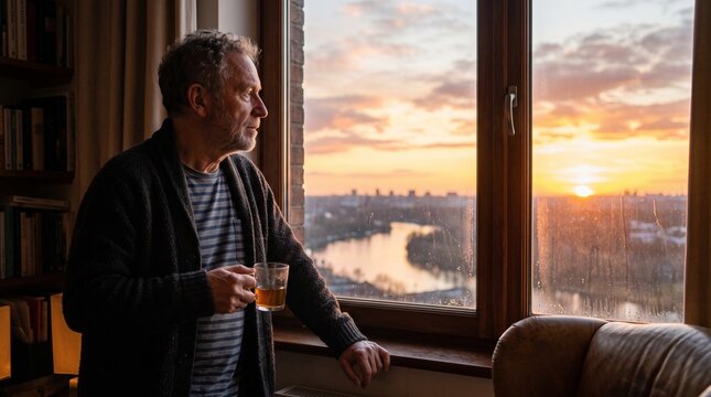 Elderly man with beard holding a cup of tea looking out window at sunset over city river