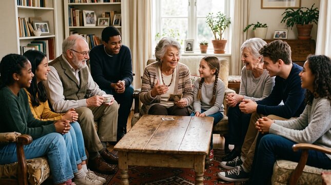 Multi generational family gathered in living room sharing memories and looking at old photographs