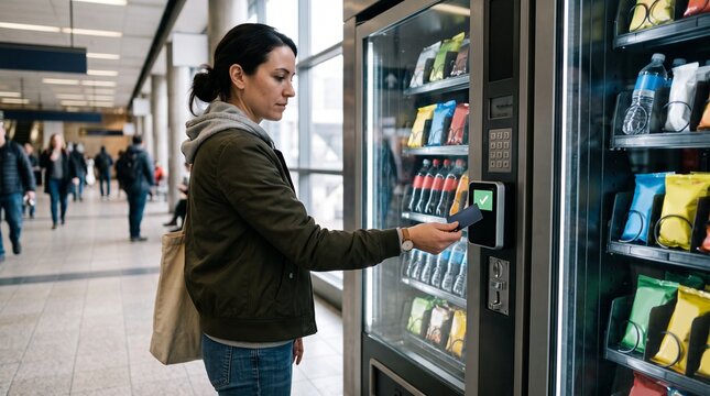 Woman uses credit card to pay for snacks and drinks from a modern vending machine in a busy public transit station