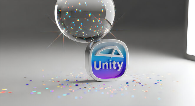 Modern 3D Unity engine logo with crystal sphere and colorful glitter