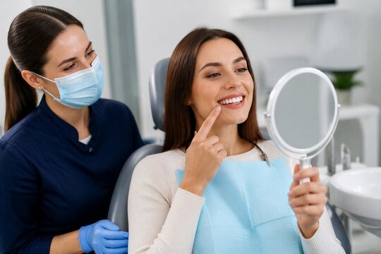 Dental patient reviewing smile with dentist in clinic setting