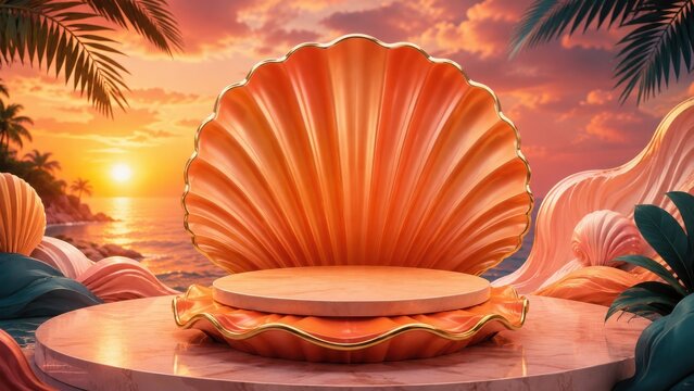 Tropical sunset podium display with seashell and palm fronds
