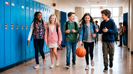 Fototapeta premium Diverse group of happy elementary school children walking down a bright hallway with lockers