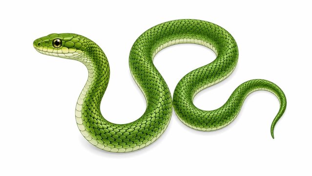 Detailed illustration of a vibrant green snake coiled on a white background