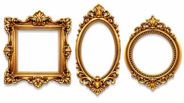 Ornate golden picture frames in square, oval, and round shapes