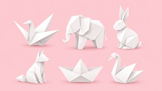 Collection of white origami paper animals and a boat on a pink background