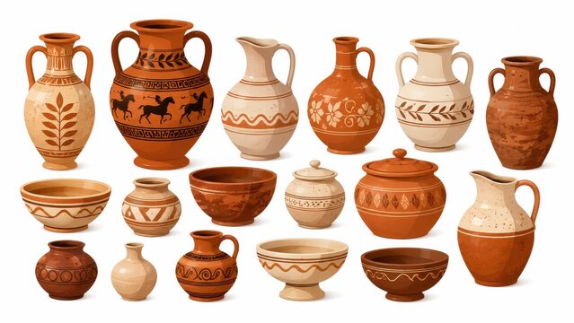 Collection of ancient ceramic pottery with vases, bowls, and amphorae