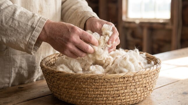 Hands sorting and fluffing raw natural sheep wool in a woven basket