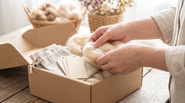 Hands packing raw wool and a small linen pouch into a cardboard shipping box