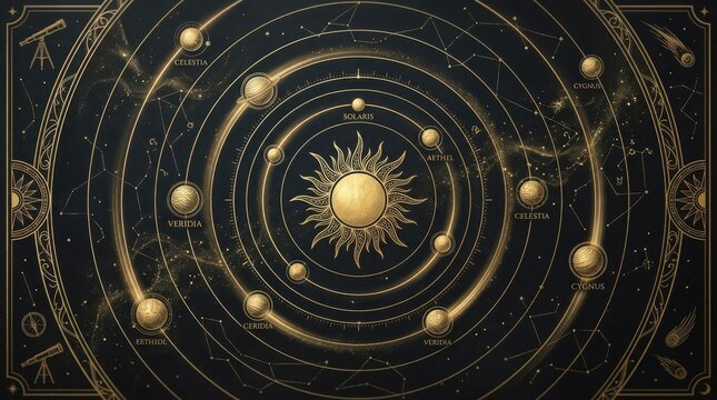 Ornate golden solar system model with celestial bodies and constellations
