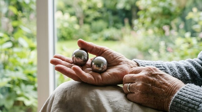 Close Up Senior Hands Holding Metal Baoding Therapy Balls for Hand Exercise and Stress Relief Near Window
