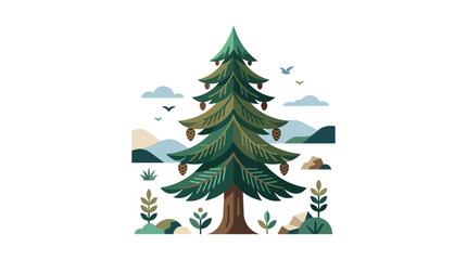 Obraz premium Evergreen pine tree with mountains and bird accents.