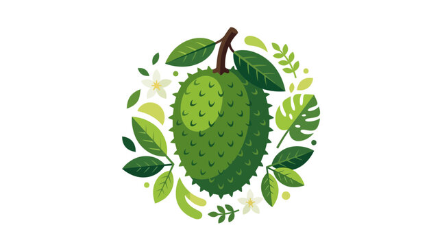 Soursop fruit with decorative leaf wreath on white.