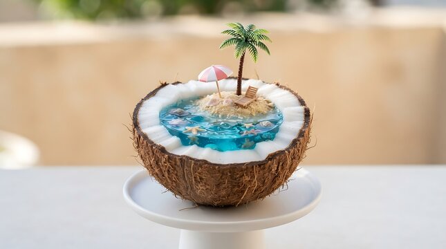 Miniature tropical island inside a coconut shell features clear blue water palm tree and umbrella