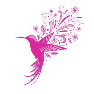 Pink hummingbird flying with floral and swirl flourish trail vector illustration - design for beauty brand logos, wedding invitation cards, and feminine apparel prints. Transparent SVG version.
