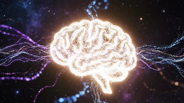 Glowing brain visualization with neural connections and particles in cosmic background. This stunning brain exhibits intricate neural pathways and vibrant energy