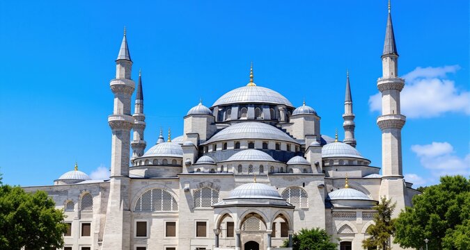 Front of Blue Mosque against blue summer sky
