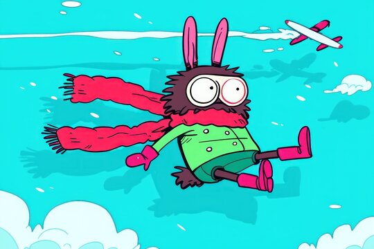Bunny parachuting winter sky, plane background, cartoon illustration