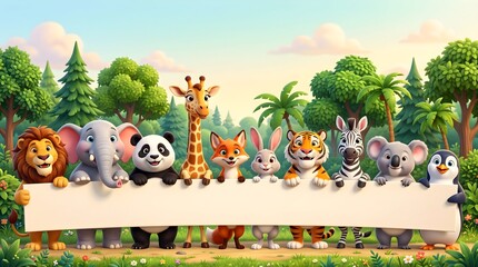 Fototapeta premium Cute cartoon wild animals holding a blank banner in a lush forest, colorful 3D illustration with copy space for children, education, and creative projects. Created with generative AI.