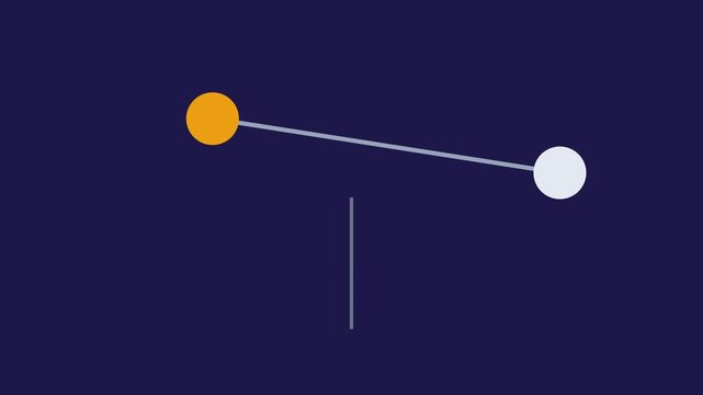 Minimalist seesaw animation with orange and 4k white spheres balancing on a pivot point balance equilibrium