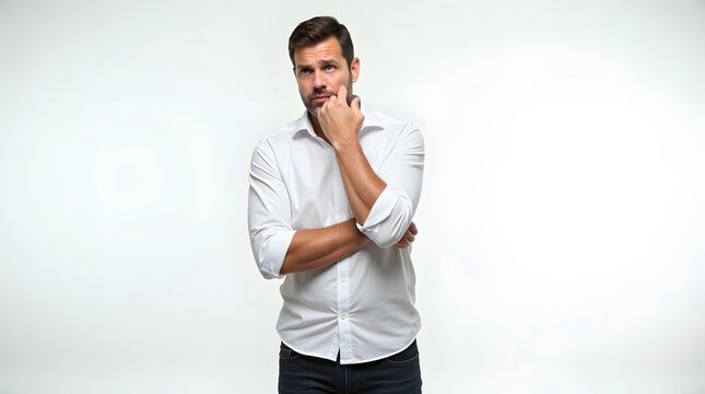 Pensive Caucasian male in a white shirt looking contemplative against a light background.