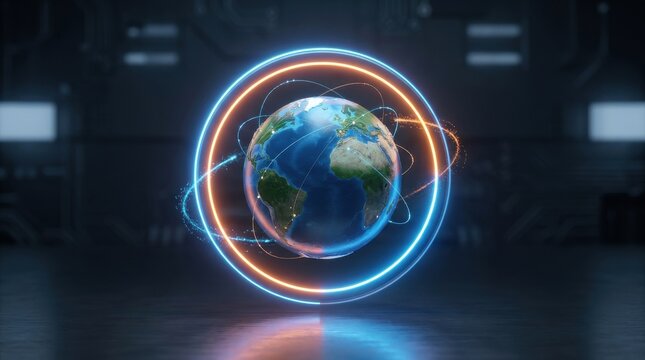 Futuristic glowing rings surround a miniature earth globe in a dark digital space
