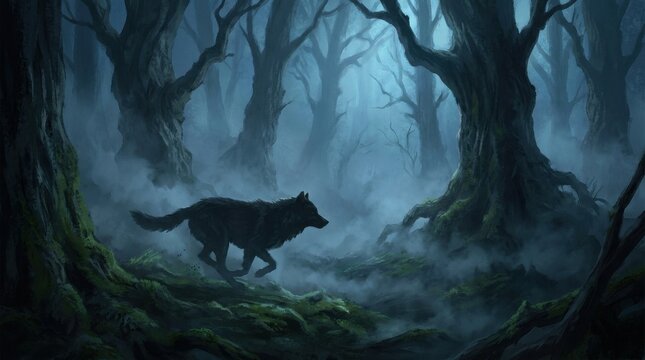 Lone black wolf runs through a misty, ancient forest at dawn