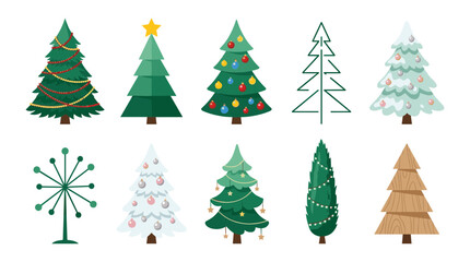Obraz premium Christmas Trees in Various Festive Styles and Decorations for Holiday Illustrations and Designs Featuring Ornaments, Lights