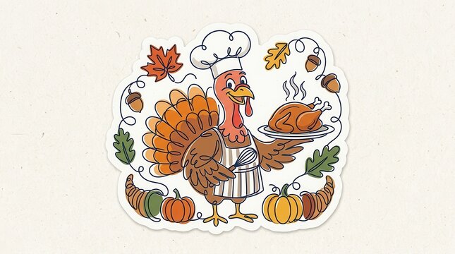 Cartoon turkey chef proudly presents a roasted Thanksgiving dinner with autumn elements