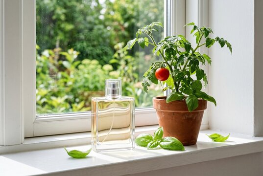 Perfume Bottle with Potted Tomato Plant on Windowsill