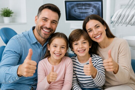 Family giving thumbs up after dental appointment in clinic