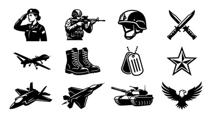 Fototapeta premium Military Icons Set Featuring Soldiers, Weapons, Vehicles, Aircraft, and Symbols in Flat Vector Design Style