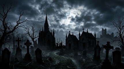 Obraz premium Eerie full moon illuminates a gothic cemetery with ancient tombs and bare trees