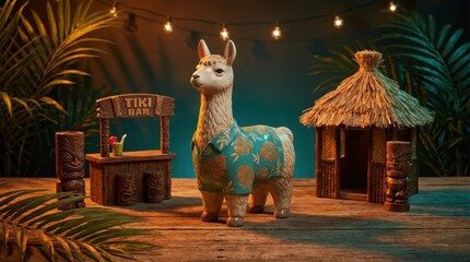 Naklejka premium Llama in Hawaiian shirt at a tiki bar with tropical decor