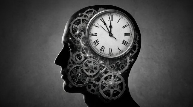 Mechanical brain with clock face and gears, symbolizing time and thought