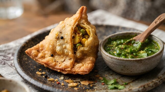 Crispy golden vegetable samosa with fresh green herb chutney vegetarian appetizer traditional delicious homemade cilantro culinary authentic
