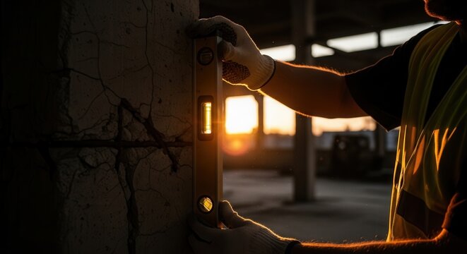 Construction Worker Checks Level On Concrete Column At Sunset