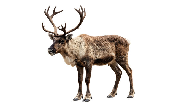 Majestic Adult Reindeer Standing in Profile Isolated on Pure White Background