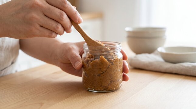 Hands using a wooden spoon to stir thick brown fermented bean paste inside a glass jar