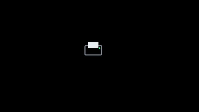 Minimalist printer animation with paper loading and printing motion on 4k black background