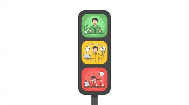 A visual representation shows a traffic light with three sections. Each section relates to stress, relaxation, and mindfulness.