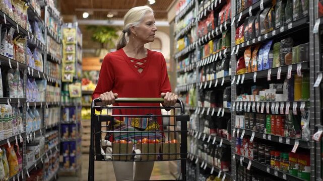 Happy and pretty senior woman smiles while pushing her cart and looking for fresh fruits and vegetables in a grocery store