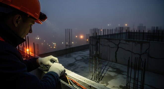 Construction Worker At Night With Headlamp Illuminating Wire Work