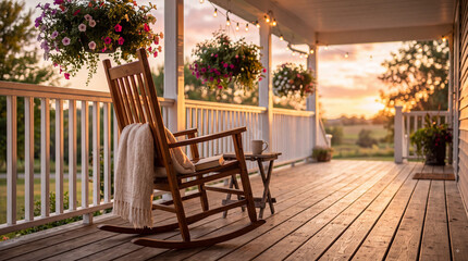 Fototapeta premium Wooden rocking chair with white blanket on a cozy farmhouse porch overlooking a beautiful sunset landscape with blooming hanging flower baskets