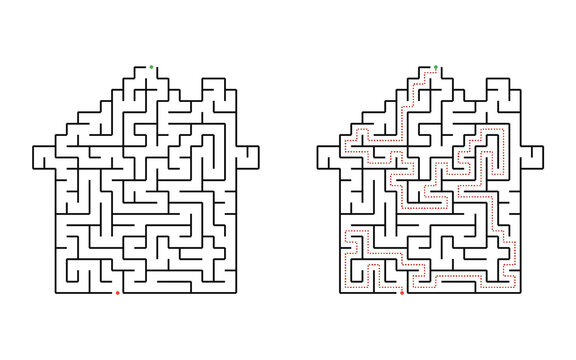 Children's printable labyrinth in house shape with solution fun educational worksheet for developing concentration and reasoning