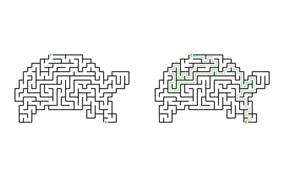 Medium turtle maze for kids printable educational labyrinth game with solution in black and white