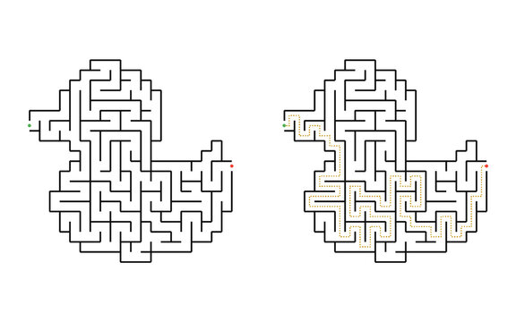 Easy duck maze for kids printable educational labyrinth puzzle with solution in black and white